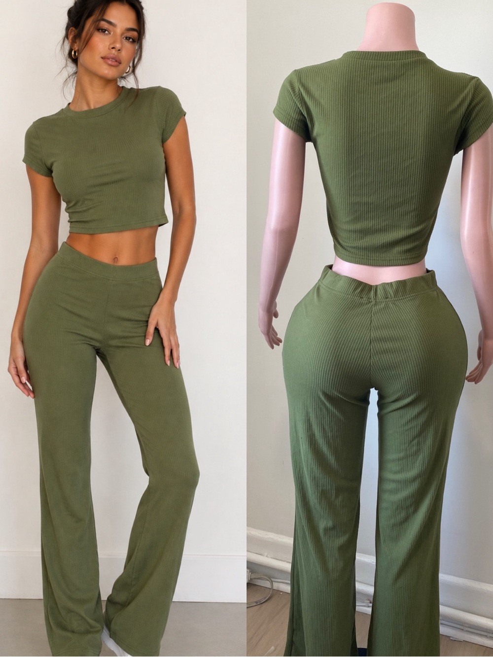 Olive Ribbed Two-Piece Crop Top & Wide-Leg Pants Set